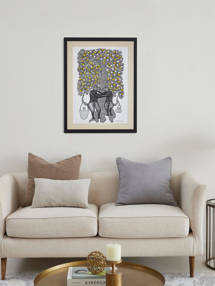 Side view of Gond Dancing Mice & Tree Painting, displaying the dynamic motion of the mice and the tree details in Gond art style.