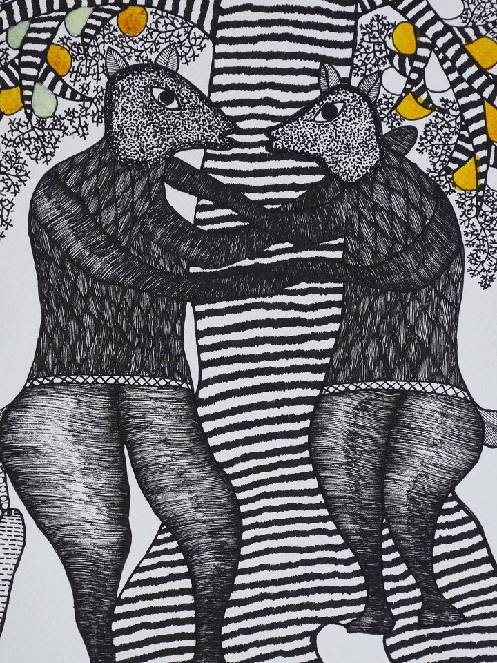 Close-up view of Gond Dancing Mice & Tree Painting, emphasizing the vibrant colors and intricate details of the mice and tree depicted in traditional Gond art.