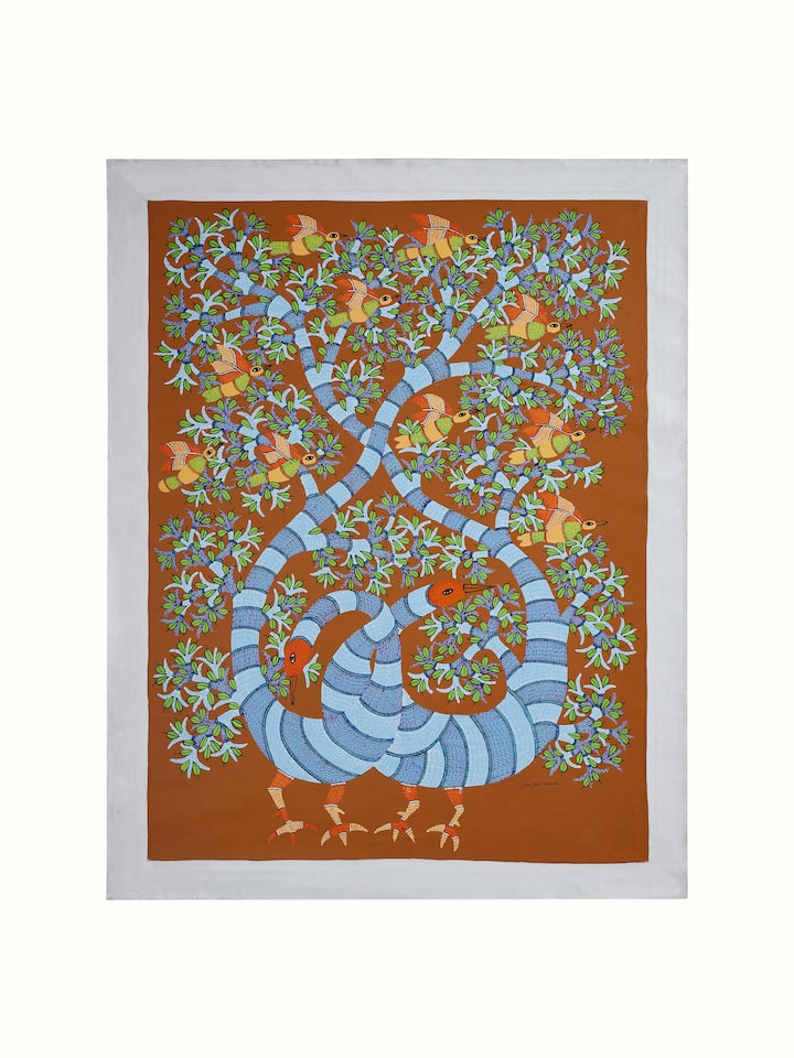 Front view of Gond Peacocks & Birds Painting featuring vibrant peacocks and birds in traditional Gond style
