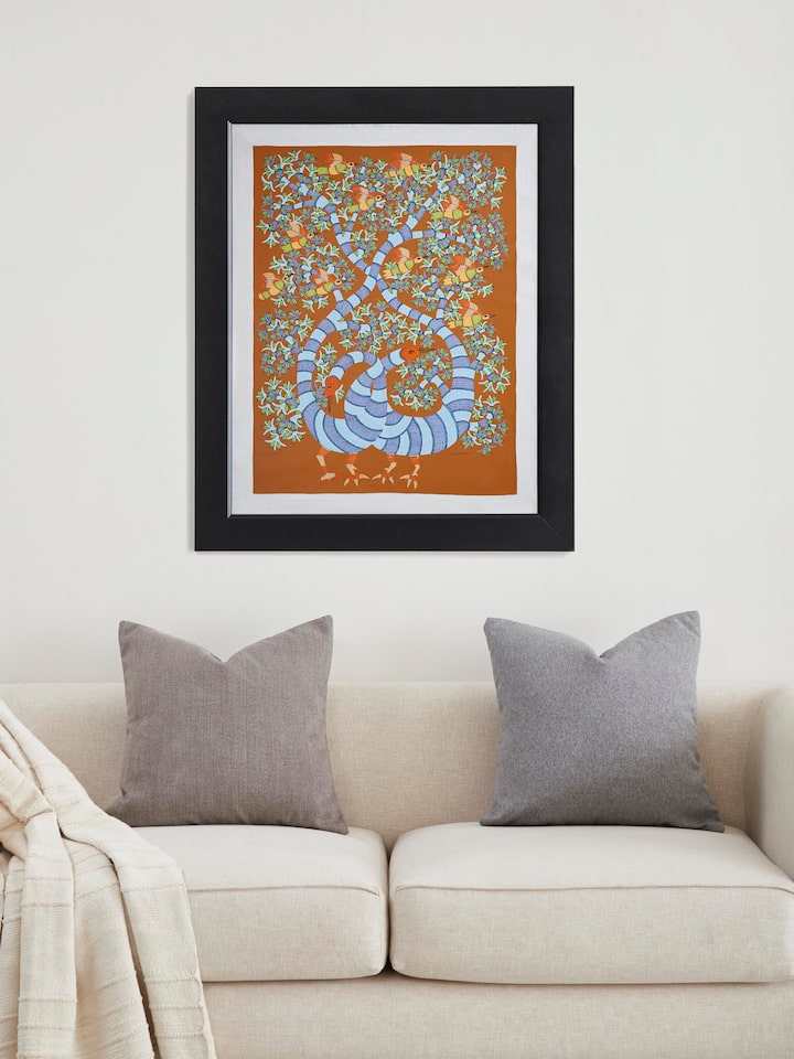 Side view of Gond Peacocks & Birds Painting showcasing the intricate design and bright colors of the birds