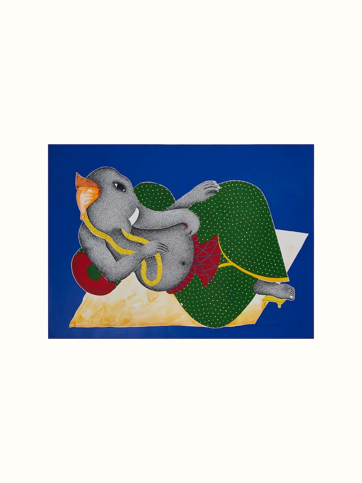 Front view of Gond Reclining Ganesha Painting, showcasing the intricate details and vibrant colors