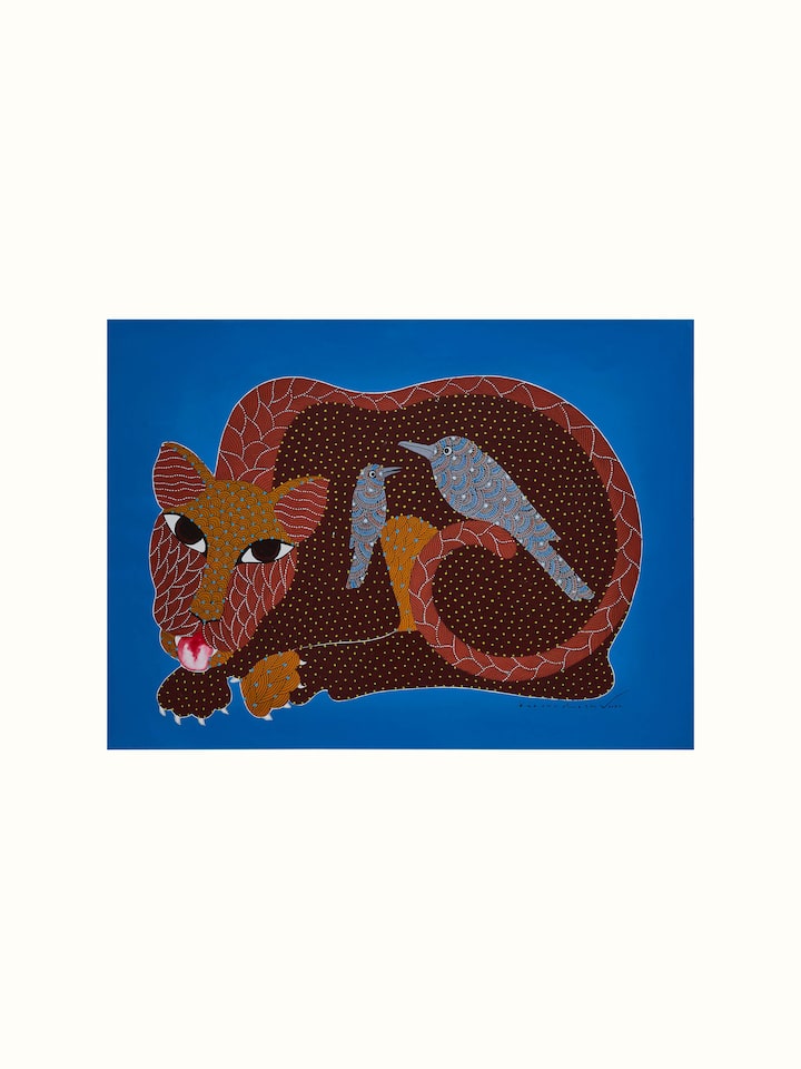 Front view of Gond Leopard with Birds Painting showcasing vibrant Gond art depicting a leopard and birds in colorful detail
