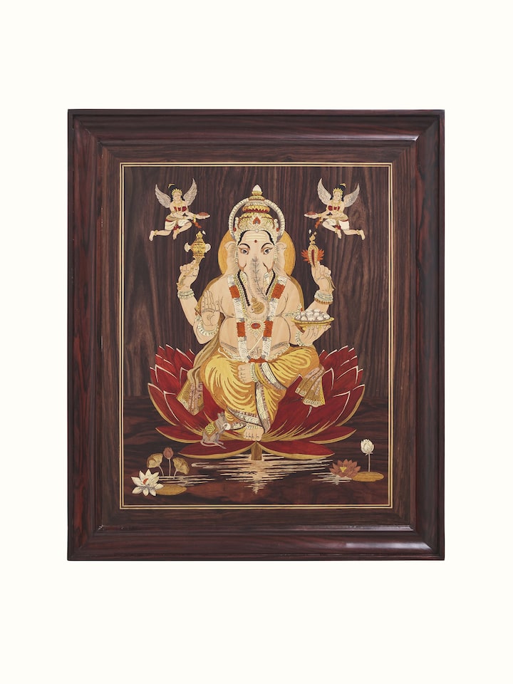 Front view of Mysore rosewood inlaid Ganesha wall art, highlighting the elegant inlay work