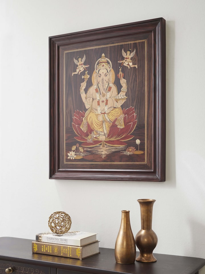 Side view of Mysore rosewood inlaid Ganesha wall art, showcasing the intricate inlay details