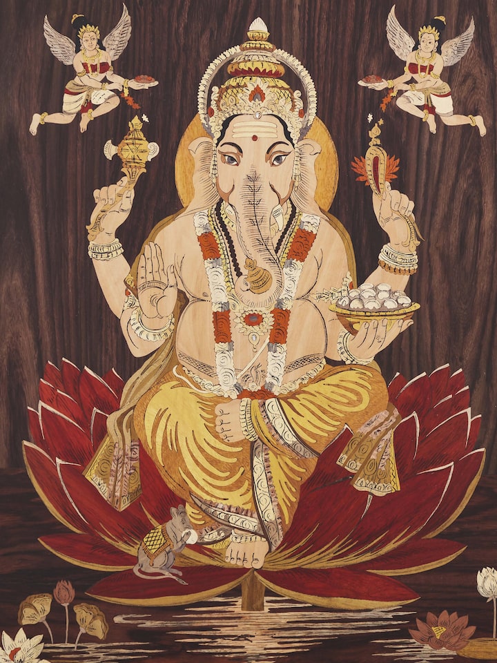 Detailed view of Mysore rosewood inlaid Ganesha wall art, highlighting the craftsmanship and wood texture