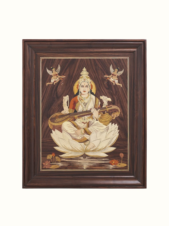Front view of Mysore rosewood inlaid Saraswathi wall art showcasing detailed inlay work and traditional design