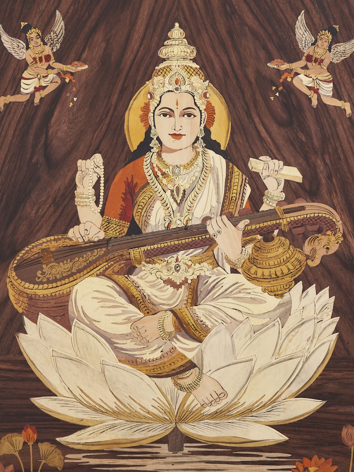 Detailed view of Mysore rosewood inlaid Saraswathi wall art capturing the ornate inlay work and intricate design