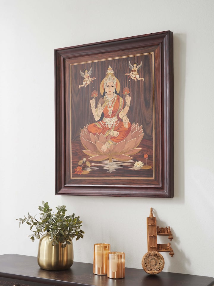 Close-up view of Mysore Rosewood Inlaid Lakshmi Wall Art highlighting intricate inlay details.