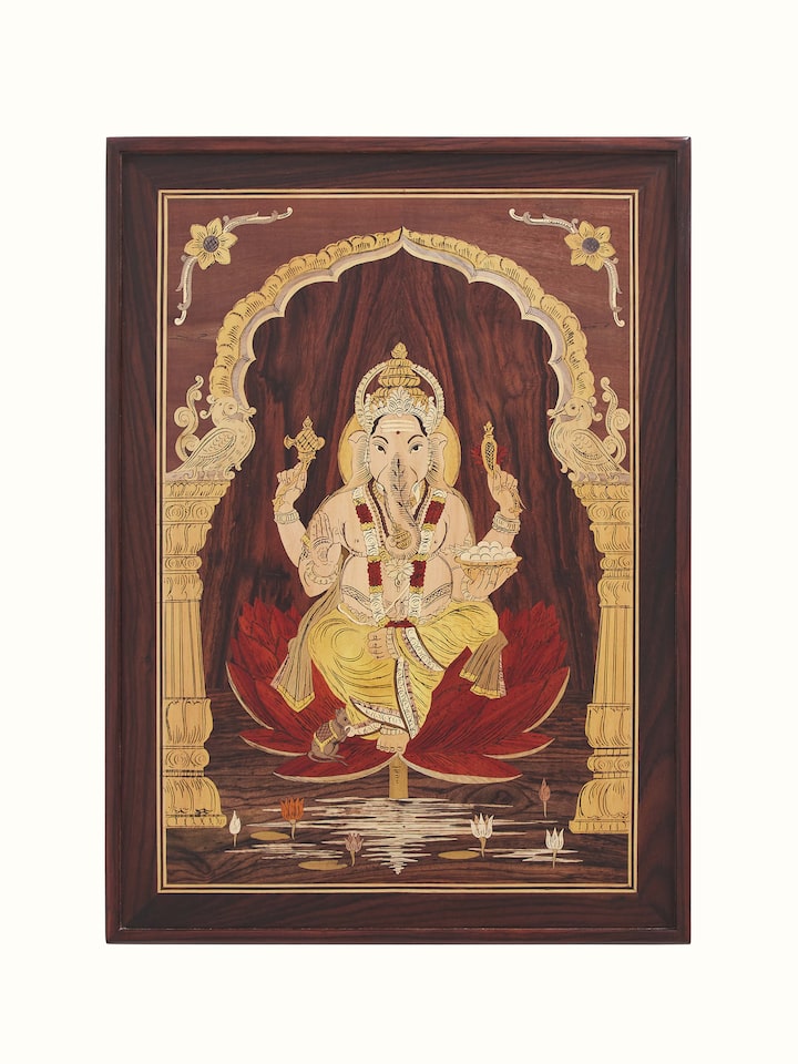 Front view of Mysore Rosewood Inlaid Ganesha Wall Art highlighting its intricate inlay work and artistic design.