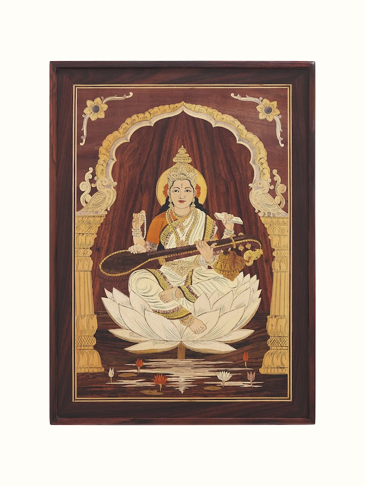 Front view of Mysore rosewood inlaid Saraswathi wall art showcasing detailed inlay work and traditional artistry
