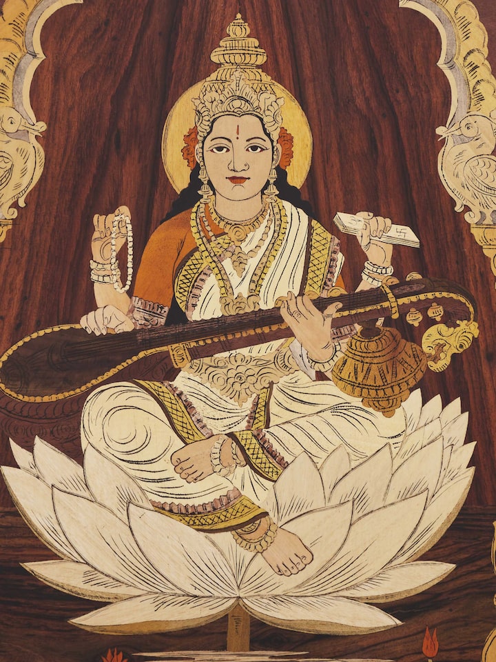 Detailed view of Mysore rosewood inlaid Saraswathi wall art showcasing the intricate inlaid patterns and craftsmanship