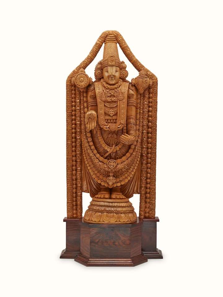 Front view of Venkatesa Carved Shivani Wood Balaji Idol showing the front design and form
