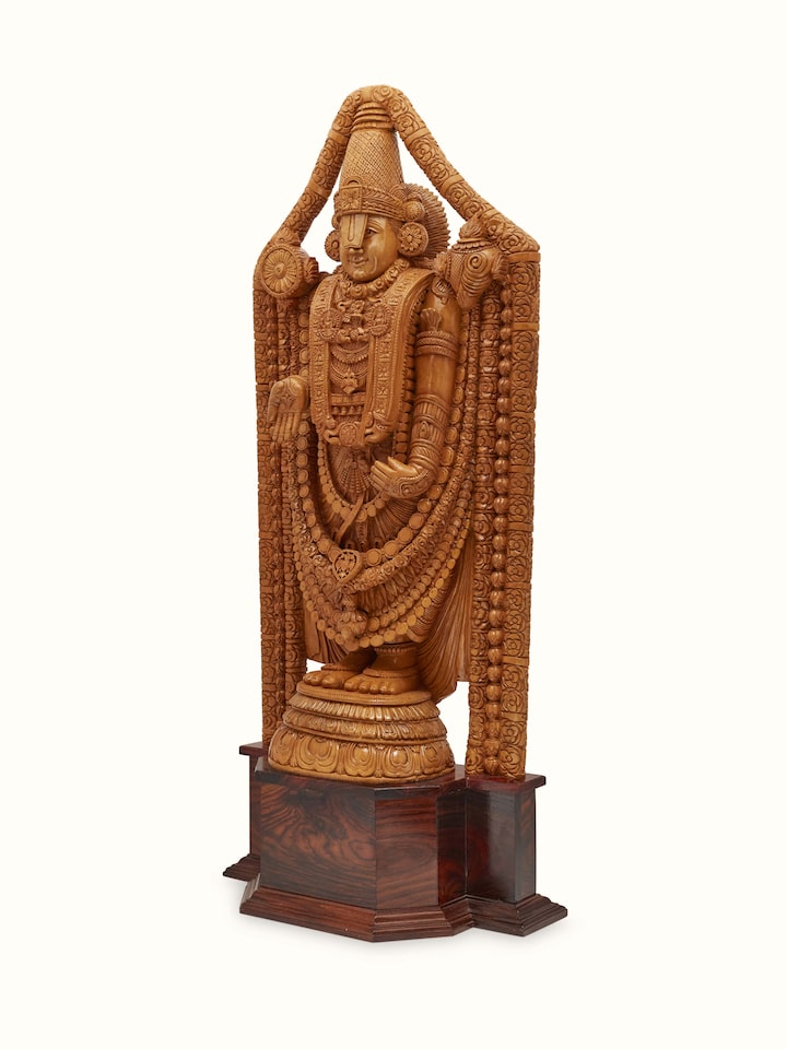 Front view of Venkatesa Carved Shivani Wood Balaji Idol showing the front design and form, from a different angle