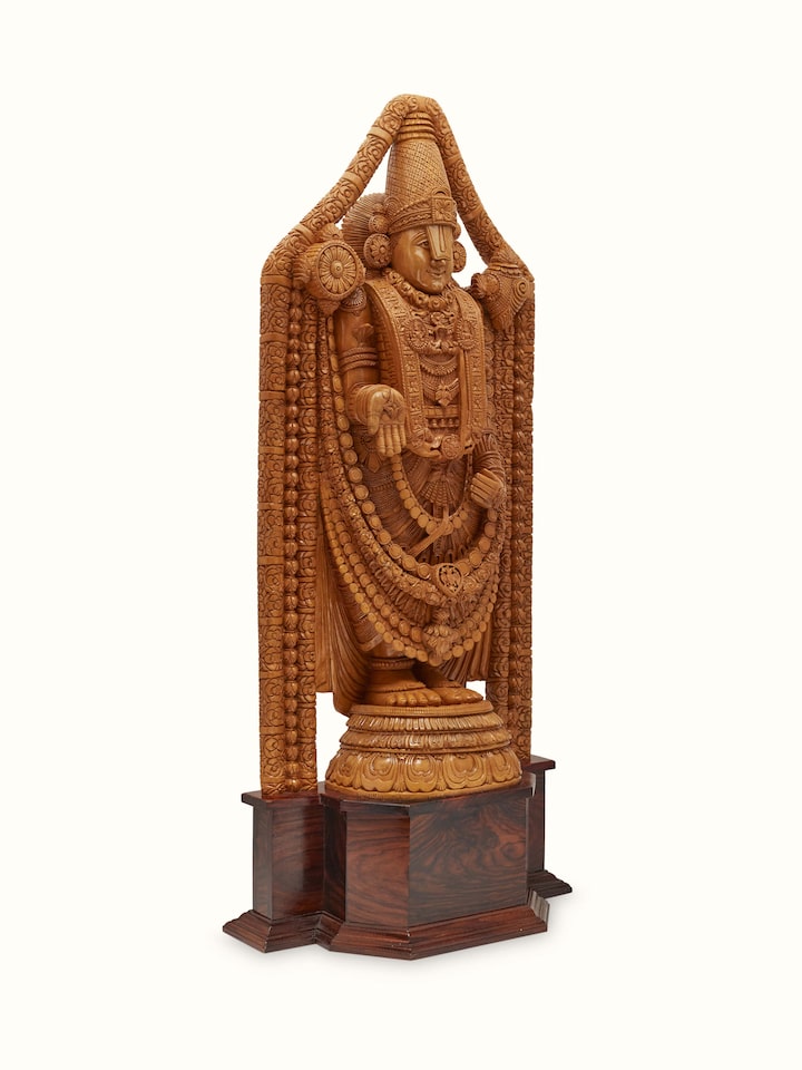 Front view of Venkatesa Carved Shivani Wood Balaji Idol showing the front design and form, in an alternate close-up