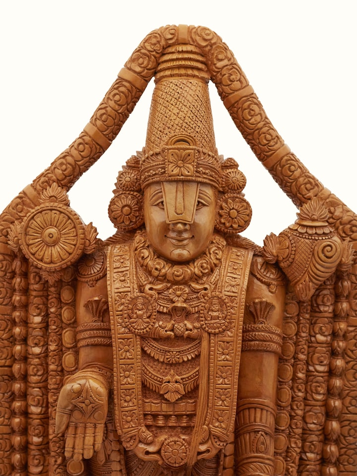 Detail view of Venkatesa Carved Shivani Wood Balaji Idol highlighting the handcrafted detailing and finish