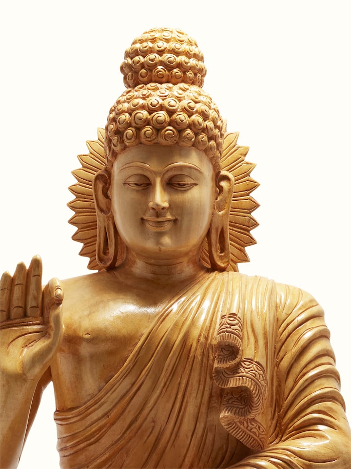 Close-up of Mudra Carved Shivani Wood Buddha Idol, focusing on the fine woodwork and serene facial expression