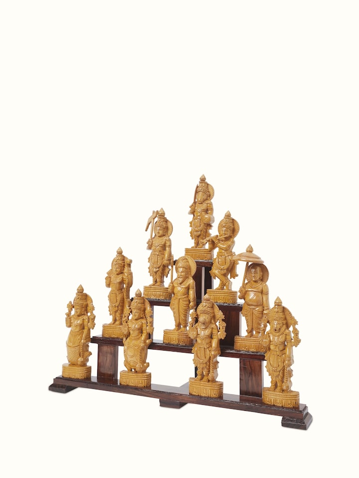 Close-up view of Dashavatar Carved Shivani Wood Idol highlighting the handcrafted detailing and finish
