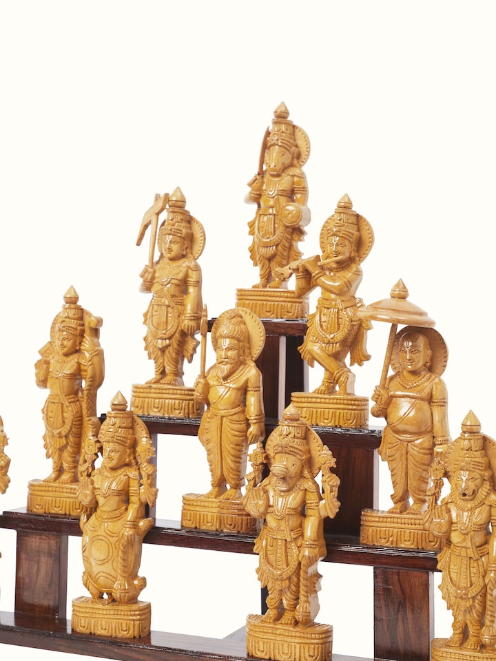 Detail view of Dashavatar Carved Shivani Wood Idol highlighting the handcrafted detailing and finish, from a different angle
