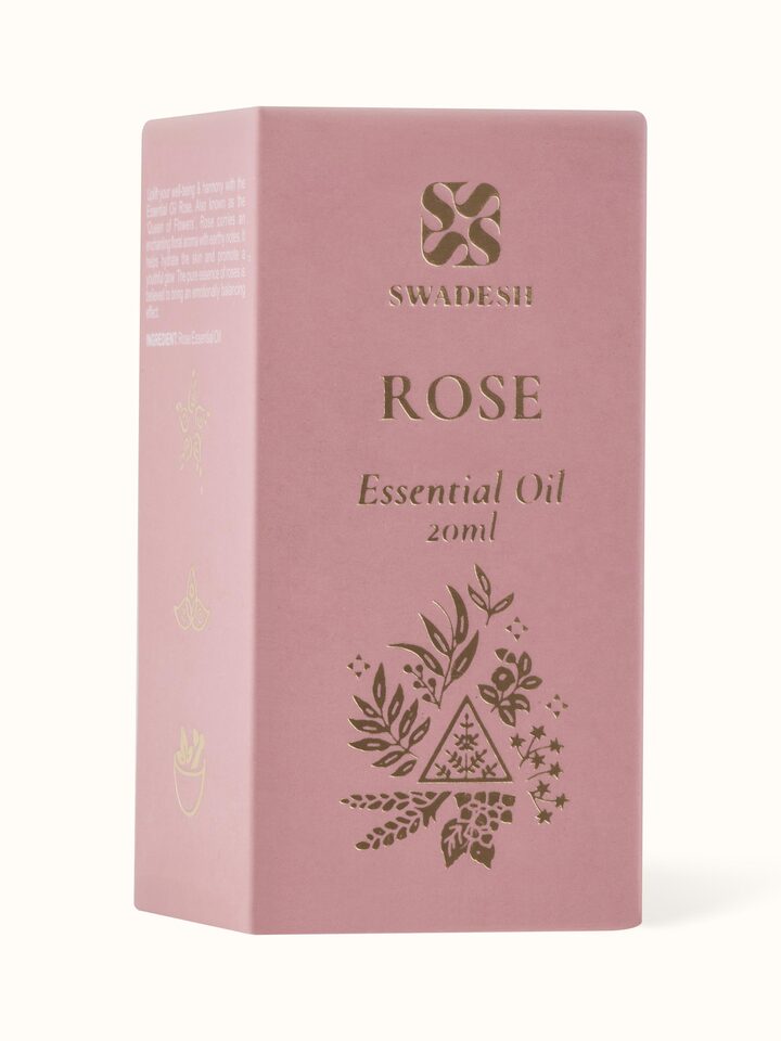 Back view of Essential Oil Rose showcasing ingredient information and usage directions