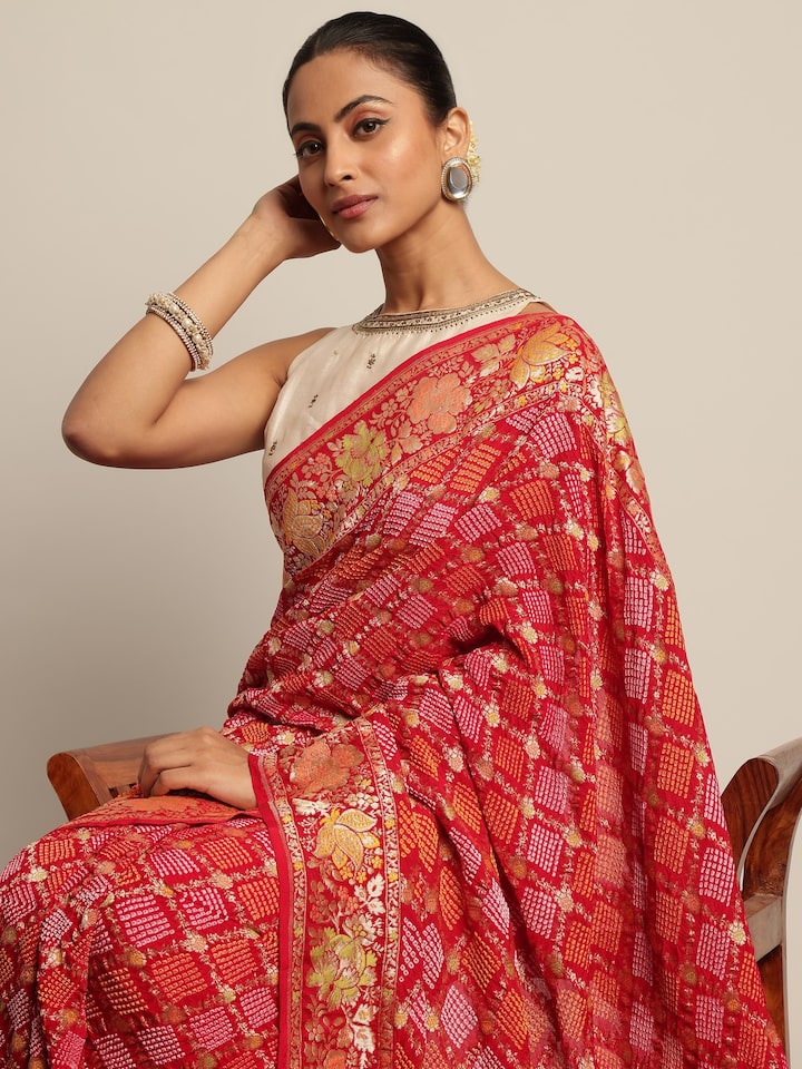 Red Mulberry Georgette Silk Bandhani Saree
