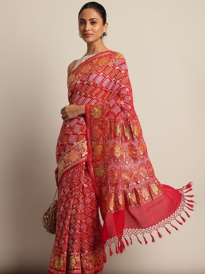 Red Mulberry Georgette Silk Bandhani Saree