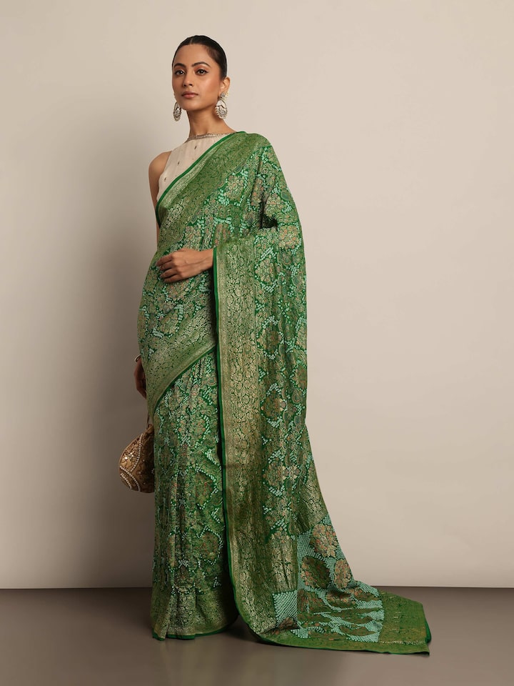 Green Mulberry Georgette Silk Bandhani Saree