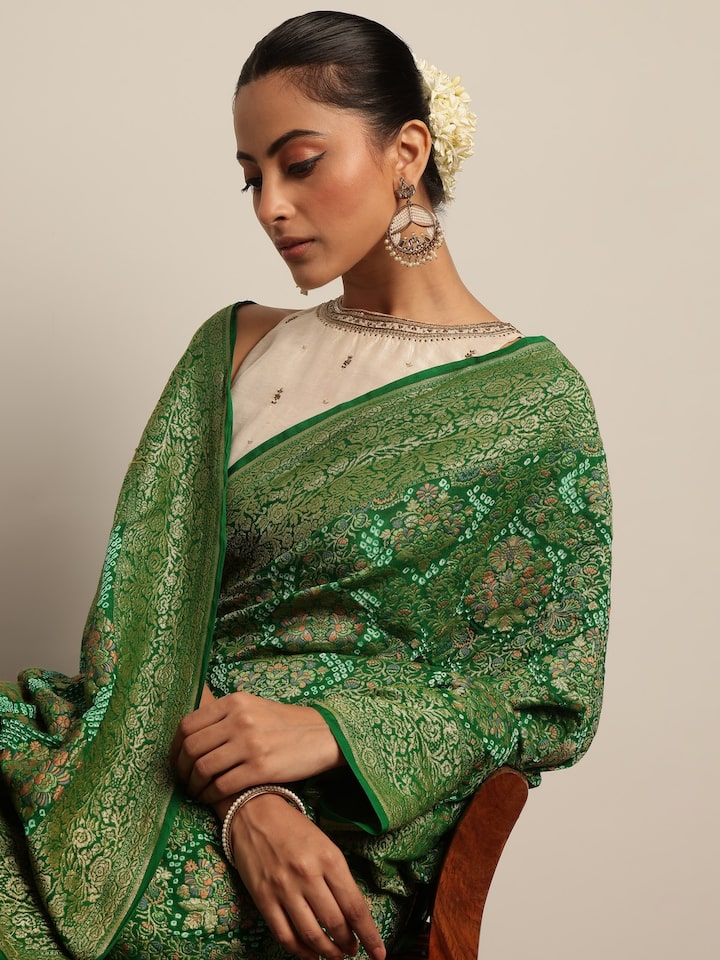 Green Mulberry Georgette Silk Bandhani Saree