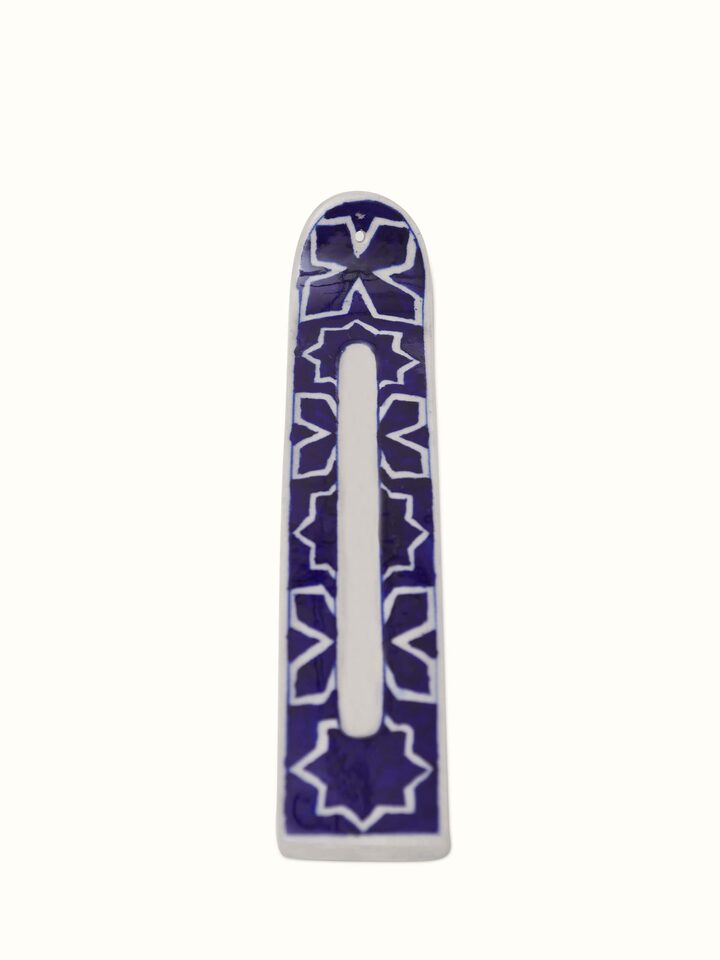 Front view of Blue Pottery Stoneware Rectangular Incense Holder highlighting vibrant design.