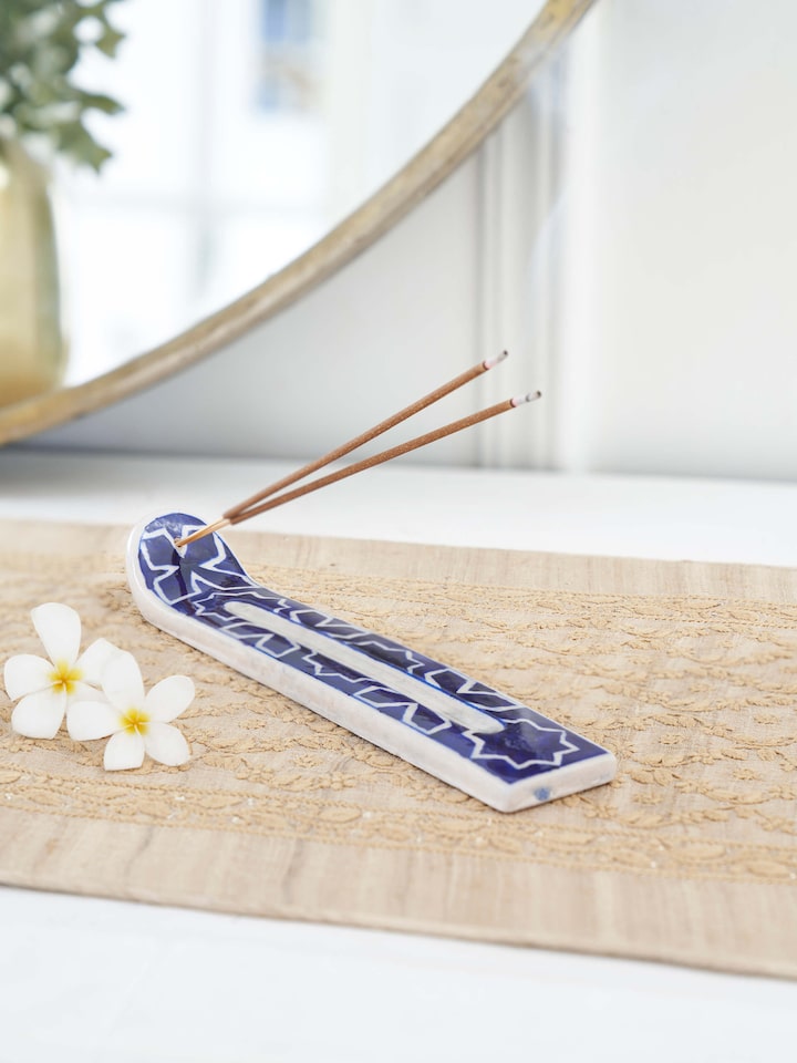Side view of Blue Pottery Stoneware Rectangular Incense Holder emphasizing its artistic details.
