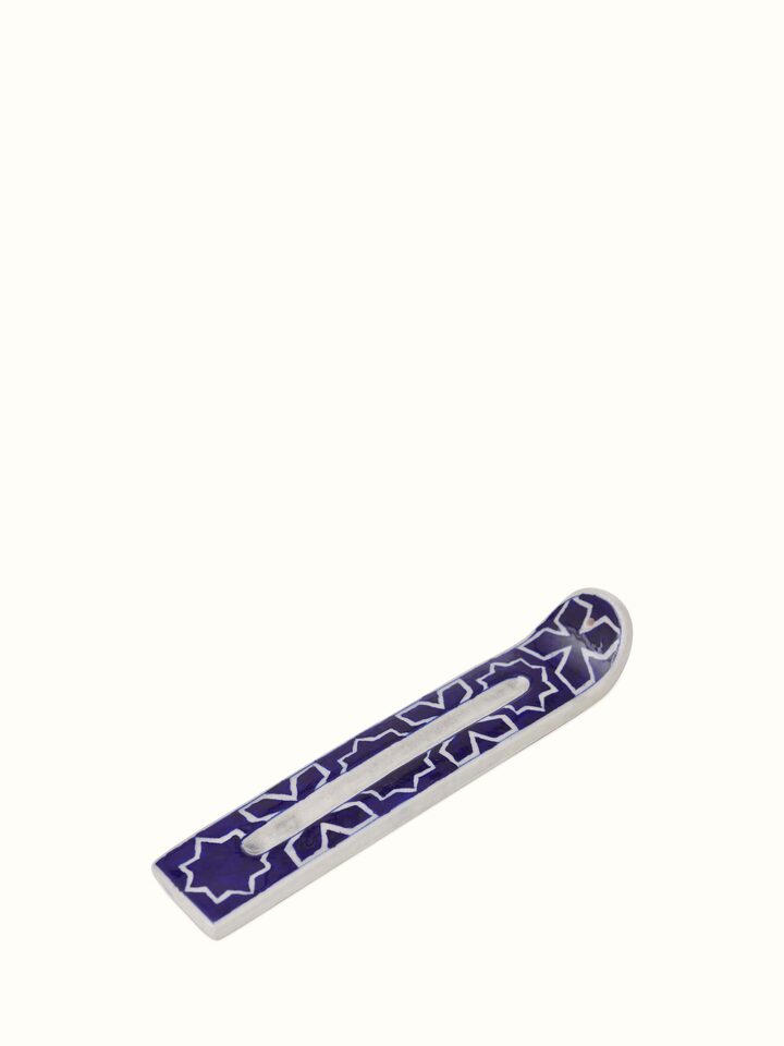 Close-up of Blue Pottery Stoneware Rectangular Incense Holder showcasing its intricate design.