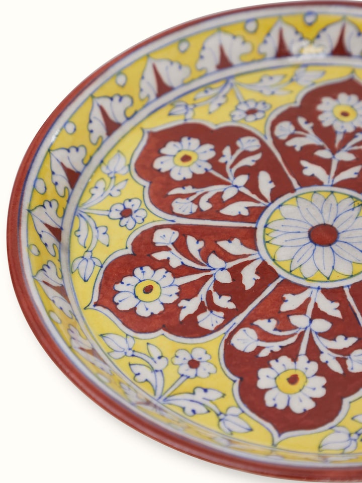 Complete set of Polished Blue Pottery Stoneware Pooja Thali Set maroon color, showing all components together