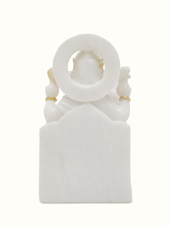Front angle of Ganesha Carved Marble Idol showcasing the marble's shine and intricate design