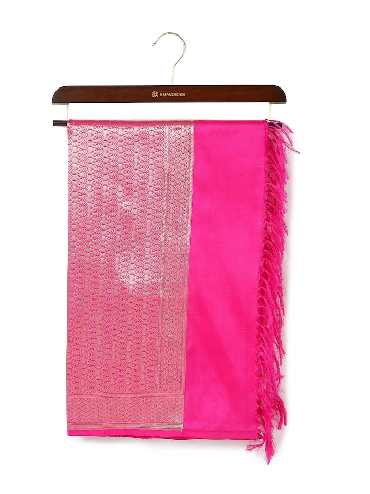 Front view of pink silk Banarasi dupatta with intricate zari weave and floral motifs.