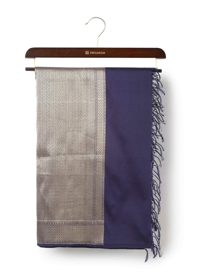 Front view of blue silk Banarasi dupatta with rich zari border and intricate floral motifs