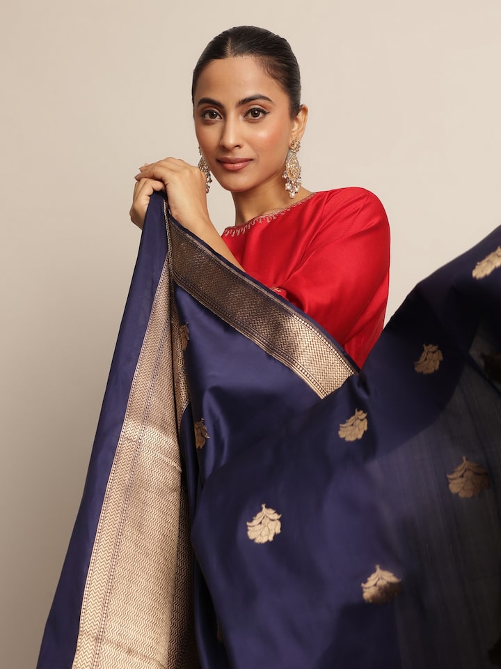Side lifestyle view highlighting zari work and glossy texture of blue Banarasi dupatta