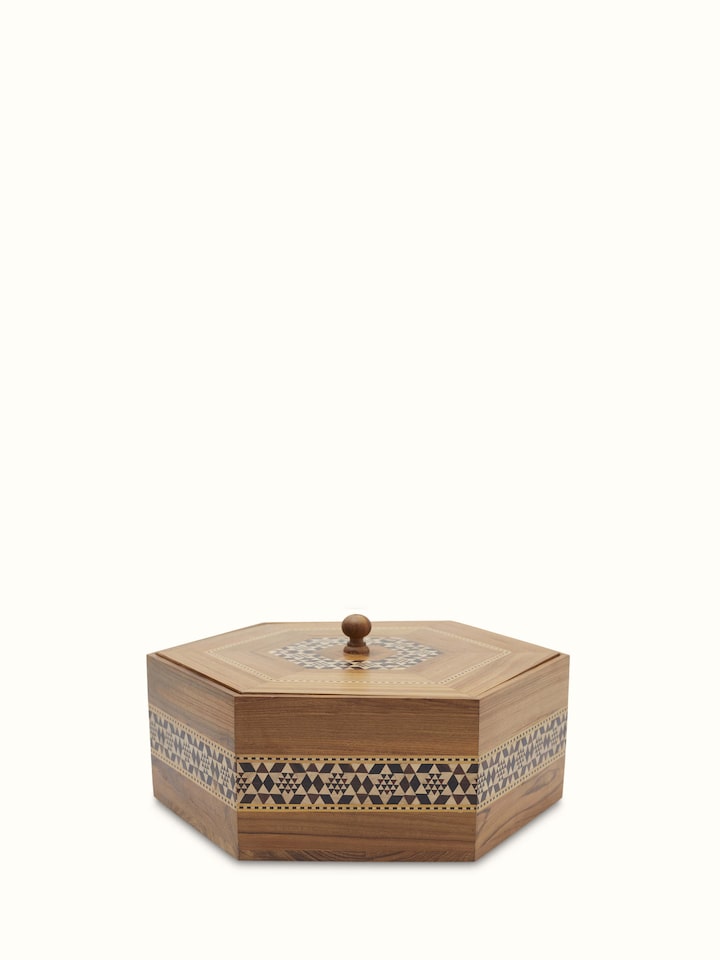 Front view of Marquetry Rosewood & Mdf Decorative Container Brown Colour showing the front design and form