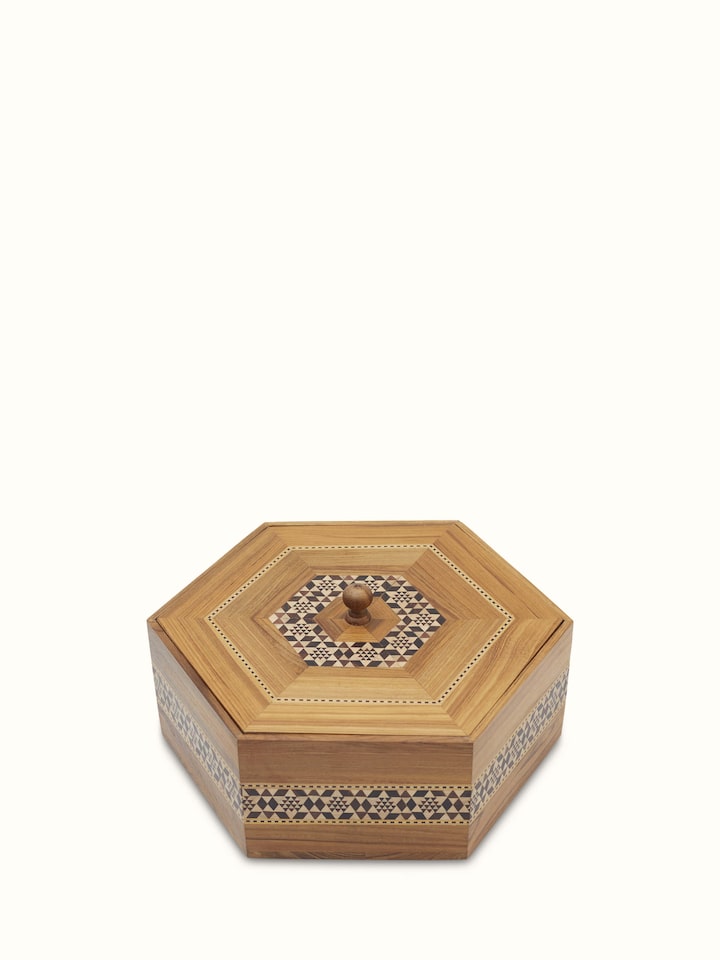Overview of Marquetry Rosewood & Mdf Decorative Container Brown Colour showing the complete piece, in an alternate close-up