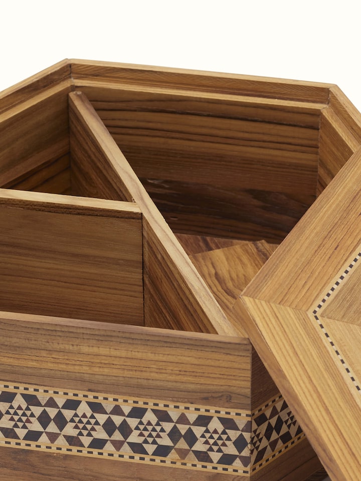Detail view of Marquetry Rosewood & Mdf Decorative Container Brown Colour highlighting the handcrafted detailing and finish