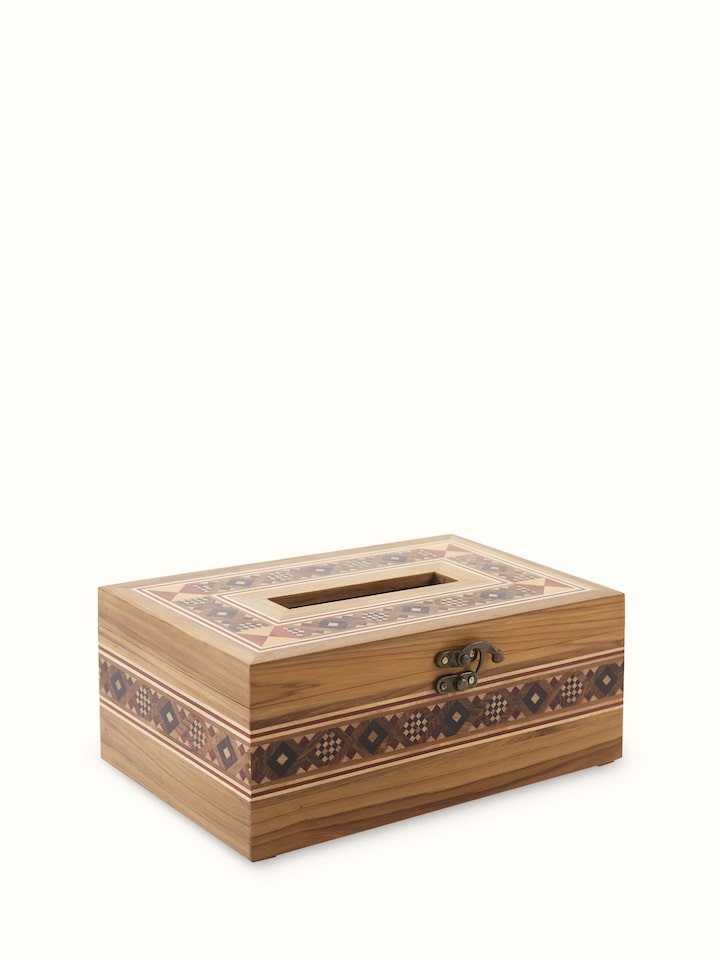 Close-up view of Natural Marquetry Rosewood Tissue Box highlighting the handcrafted detailing and finish, from a different angle