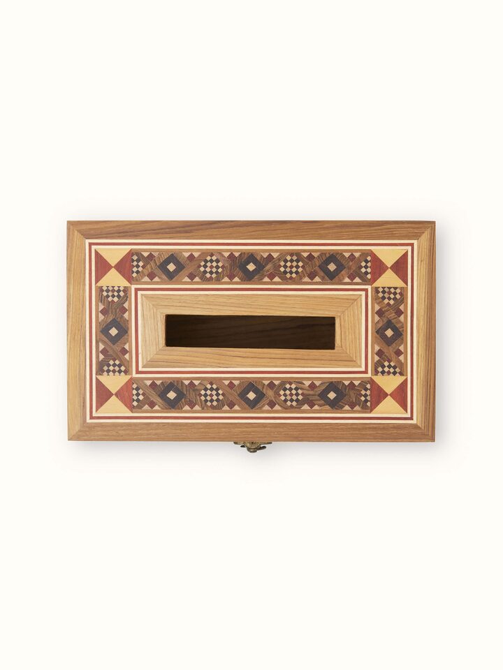 Overview of Natural Marquetry Rosewood Tissue Box showing the complete piece, from a different angle