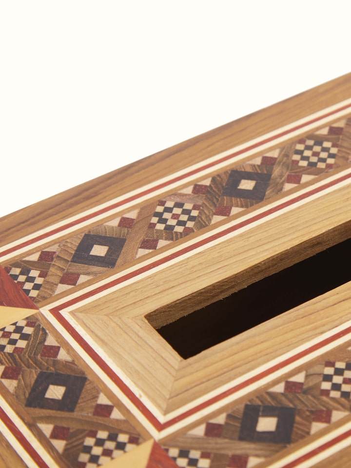 Detail view of Natural Marquetry Rosewood Tissue Box highlighting the handcrafted detailing and finish
