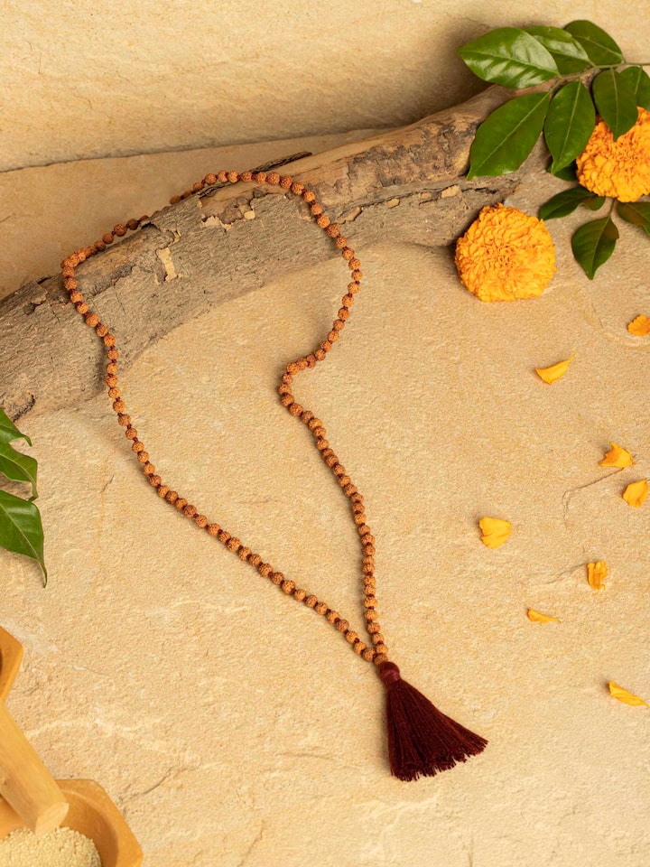 Styled detail view of Panchmukhi Rudraksha Mala (7mm) shown in an alternate styled shot