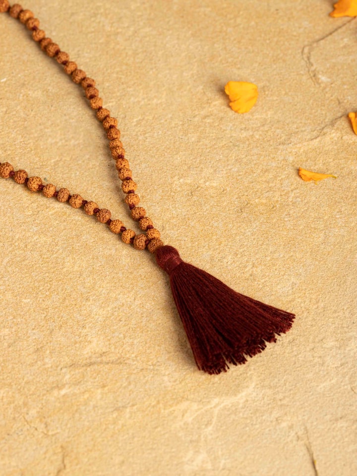 Styled detail view of Panchmukhi Rudraksha Mala (7mm) shown in another styled shot
