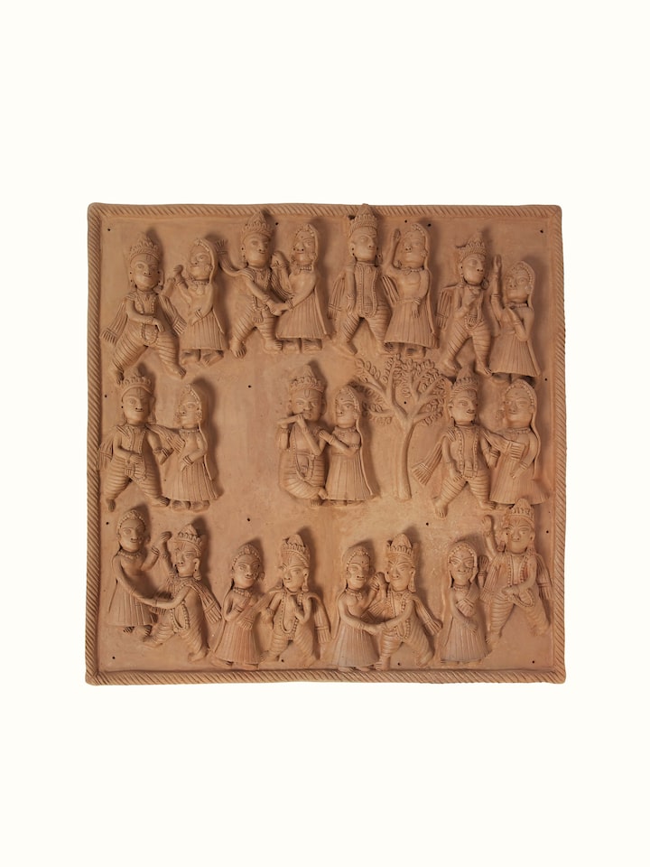 Front view of Terracotta clay Radha Krishna raas leela idol with detailed craftsmanship