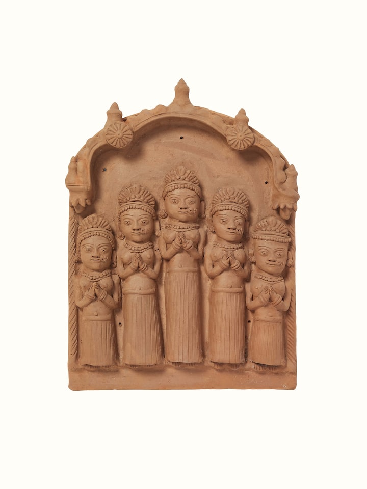 Front view of Terracotta clay five lords sculpture showcasing traditional sculptural artistry