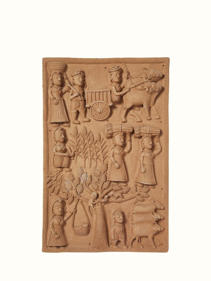 Front view of Terracotta Clay Village Scene Sculpture featuring detailed traditional craftsmanship.
