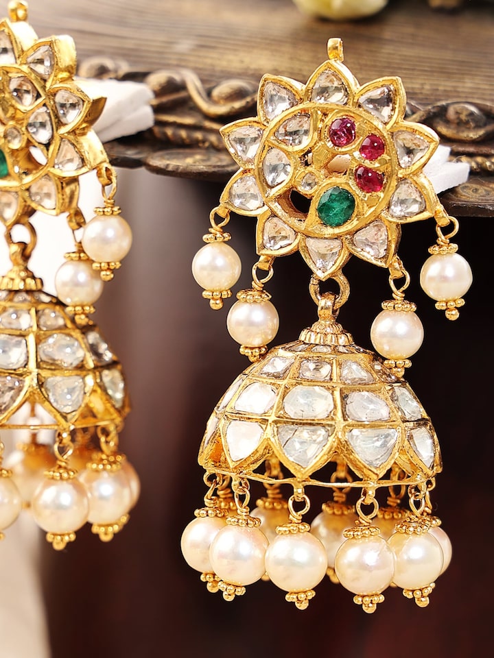 Hyderabad Jadau 22 Karat Gold Drop Earrings