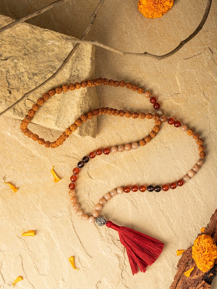 Close-up of Smoky Quartz, Black Onyx & Peach Moonstone Silver Mala highlighting the unique gemstones and luster