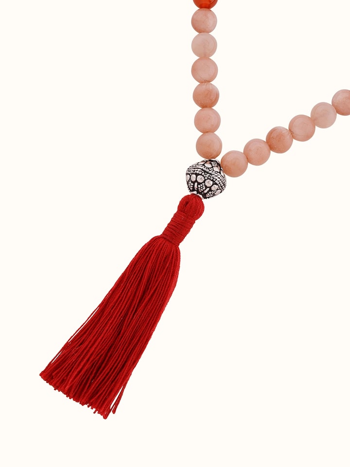 Back view of Smoky Quartz, Black Onyx & Peach Moonstone Silver Mala showcasing the craftsmanship of the silver clasp