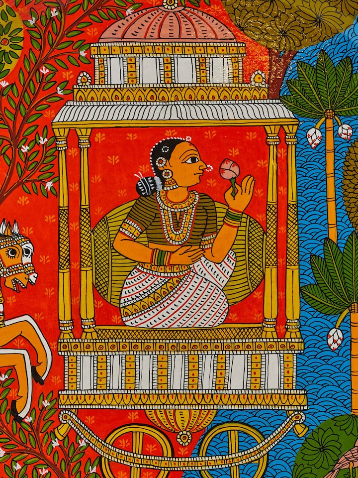 Detail view of Cheriyal Lady Display Plate highlighting the fine details and traditional craftsmanship.